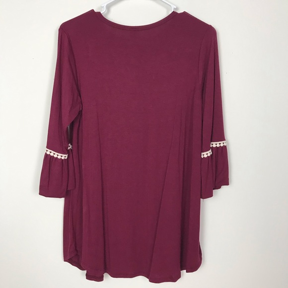 Lovely Souls Wine Red Bell Sleeve Tunic Top Contrast Boho Crochet Trim Small - Picture 4 of 8